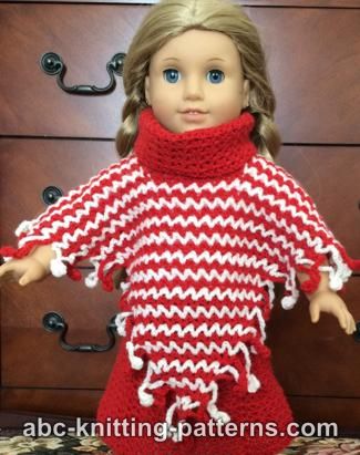 V-Stitch Two-Color Poncho with Crochet Fringe for 18-inch Doll