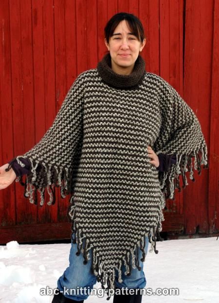Abc Knitting Patterns Two Color Poncho With Crochet Fringe